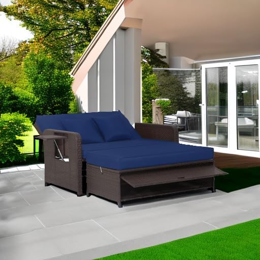 Tangkula Patio Rattan Daybed with 4-Level Adjustable Backrest, Outdoor PE Wicker Loveseat with Storage Ottoman & Folding Side Tray, Double Sunbed Lounger for Balcony, Backyard & Poolside, Navy & Brown