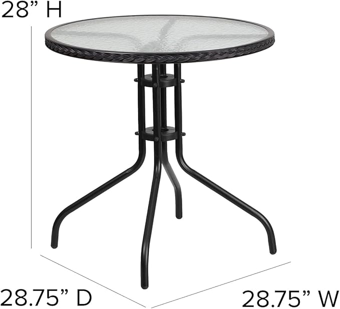 Flash Furniture Lila 28'' Round Glass Metal Table with Black Rattan Edging and 2 Black Rattan Stack Chairs