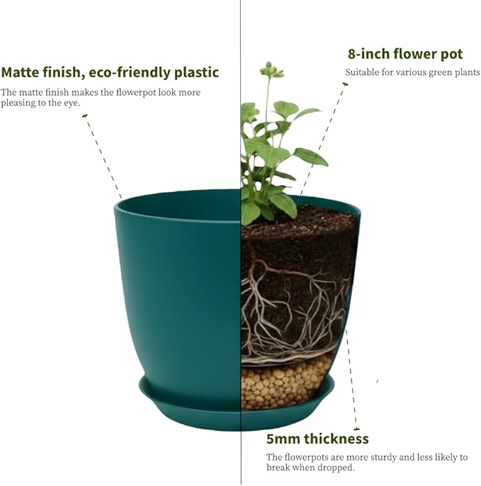 Plant Pots 8 Inch Set of 6, Flower Pots with Drainage Holes and Saucer, Plastic Garden Planters for Indoor & Outdoor Plants (Deep Green)