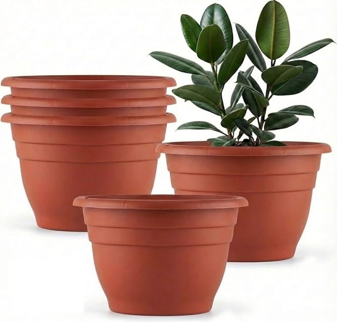 5 Pack 10 Inch Plant Pots Lightweight Planters with Drainage Holes,Durable Indoor & Outdoor Flower Pots for Garden,Patio & Home Decor(Pottery Red)