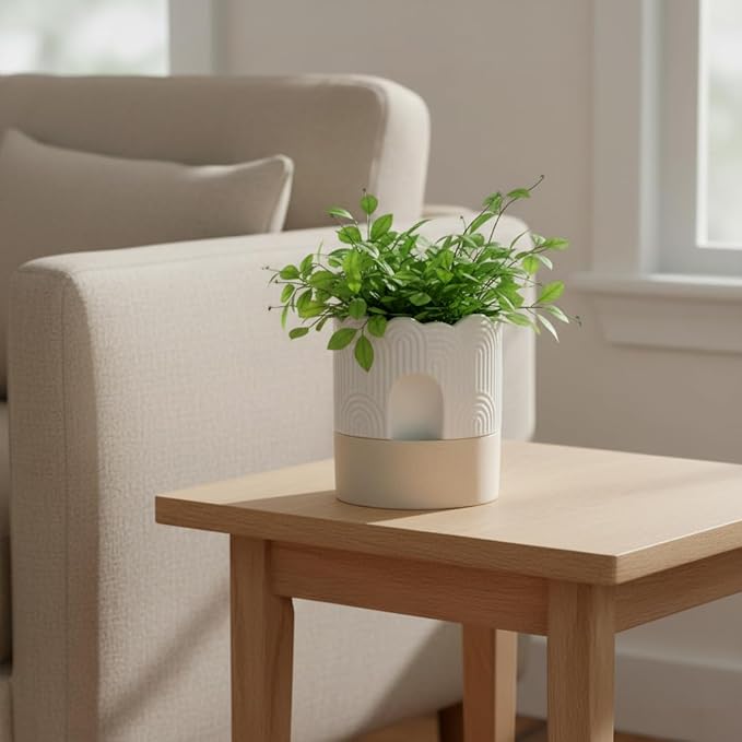 Nihow Self Watering Plant Pot: 6 Inch Ceramic Planter with Drainage Hole & Water Storage Plus - Relief Design Self Watering Pot for Indoor Plants - Beige & Nature Flower Pot