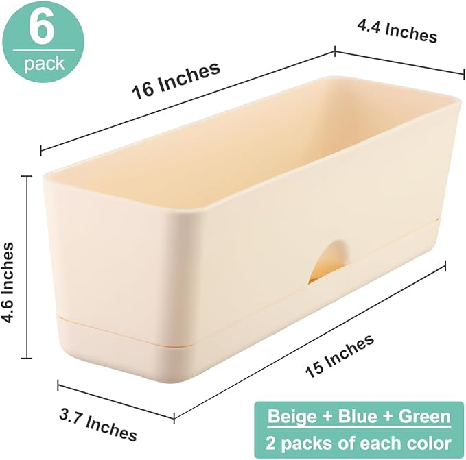 6 Pack Rectangle Planter 16 Inch Window Boxes Planters Rectangular Large Window Sill Planters Indoor Self Watering Plant Pots with Drainage Holes and Saucers Succulent Herb Flower Pots, Macaron Color