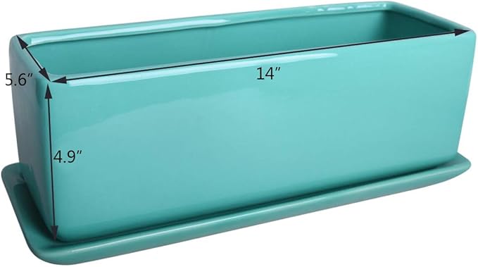 Vencer 14 Inch Rectangular Modern Minimalist Ceramic Succulent Planter Pot - Window Box with Saucer,Office Desktop Potted Stand,Turquoise,VF-0173T