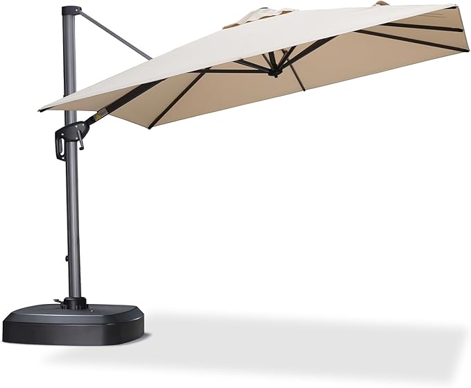 PURPLE LEAF 8' X 8' Patio Umbrella with Wheeled Base for Pool 7' High Offset Outdoor Cantilever Umbrella Swimming Pool Umbrella with 360°Rotation for Poolside Beige