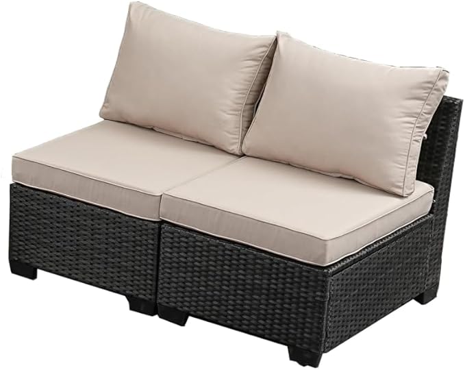 Jing's Villa 2 Piece Patio Wicker Armless Sofa, All-Weather Outdoor Sectional Sofa Set with Thick Seat Cushions and 2 Back Cushions for Garden Patio, Backyard, Poolside Beige