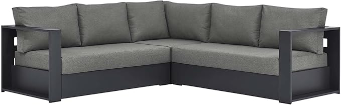 Modway Tahoe Aluminum 3-Piece Outdoor Patio Furniture Gray Charcoal, Modular Sectional Sofa Set with Weather-Resistant Cushions, Ideal for Deck, Backyard Poolside