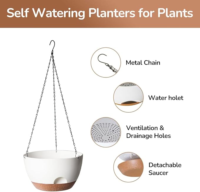 Hanging Planter for Indoor Plants, 10 Inch Self-Watering Hanging Planters with Drainage Holes and Chain, Set of 2 Outdoor Hanging Pots for Garden Home