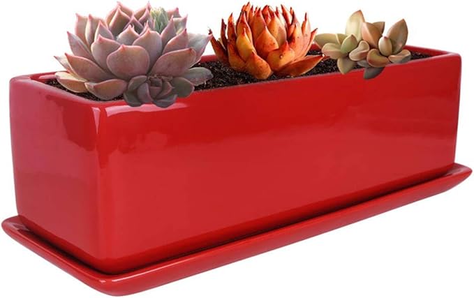 Vencer 14 Inch Rectangular Modern Minimalist Ceramic Succulent Planter Pot - Window Box with Saucer,Office Desktop Potted Stand,Red,VF-0173R