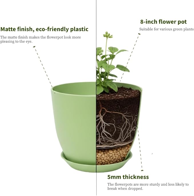 Plant Pots 8 Inch Set of 6, Flower Pots with Drainage Holes and Saucer, Plastic Garden Planters for Indoor & Outdoor Plants (Green)