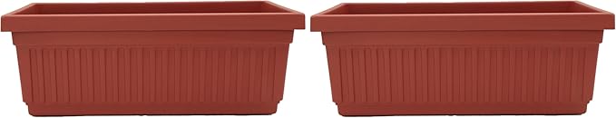 The HC Companies 18 Inch Venetian Rectangular Window Planter Box - Lightweight Plastic Indoor Outdoor Plant Pot with Drainage for Windowsill, Herbs, Flowers, Clay (Pack of 2)
