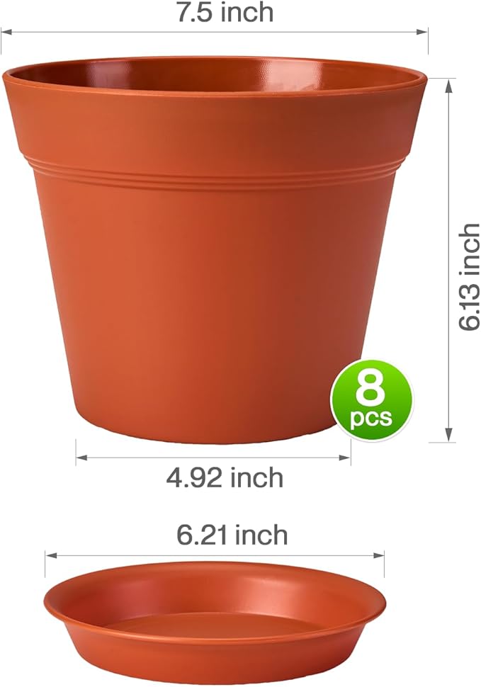 homenote Plant Pots,7.5 Inch Flower Pots for Plants Plastic Planters for Indoor with Multiple Drainage Holes and Trays, for All Home Garden Flowers Succulents,Outdoor(T8 Pack)