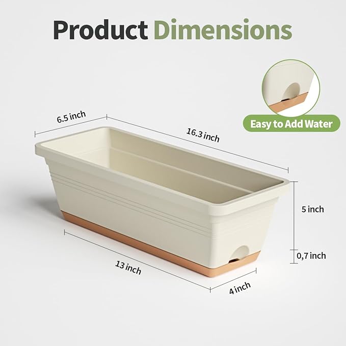 Window Box Planter, 6 Pack Plastic Vegetable Flower Window Planters Boxes 16 Inches Rectangular Flower Pots with Drainage Holes and Saucers (White)