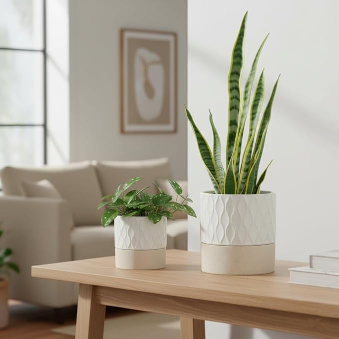 Nihow Self Watering Plant Pot for Indoor Plants: 4.5+6 Inch Ceramic Planter with Drainage Hole & Water Storage Plus - Cylinder Flower Pot with Wick for Herbs - Cream White & Brown Net