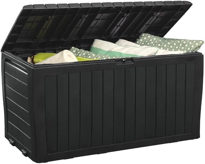 Keter Marvel Plus 71 Gallon Resin Outdoor Storage Box for Patio, Balcony & Garden – Weather‑Resistant Deck Box for Cushions, Pillows, Pool Floats & Tools, Dark Grey