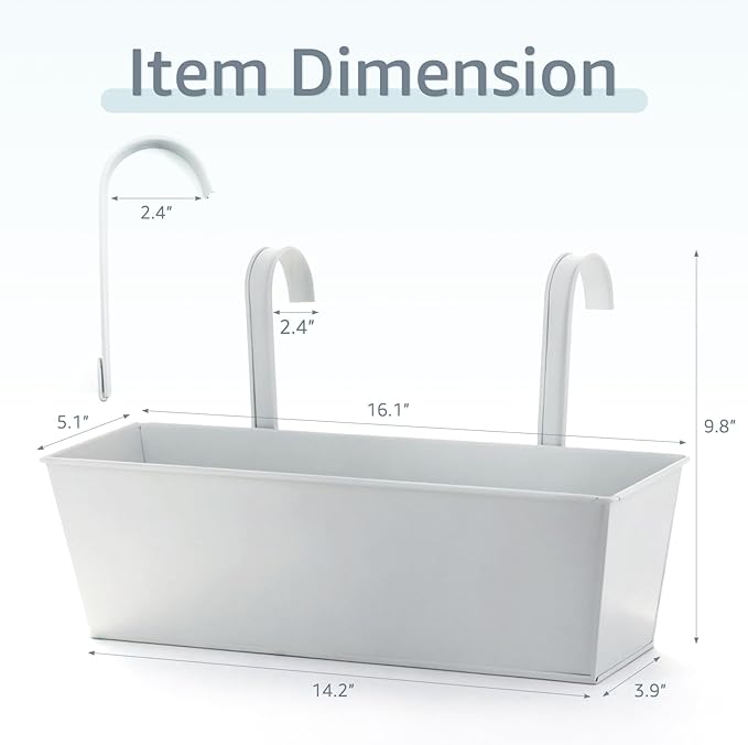 3 Pack Metal Railing Planters, 16 Inch Large Rectangular Hanging Flower Pots with Detachable Hooks & Drainage Holes, Fits Rails up to 2.5", Galvanized Iron Window Box for Balcony Garden - White