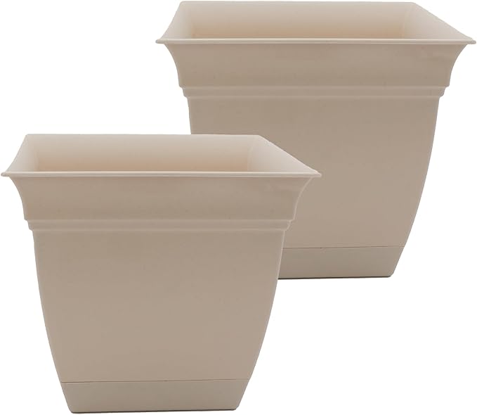 The HC Companies 12 Inch Eclipse Square Planter Pots w/Drainage Holes & Attached Saucer, Lightweight UV-Resistant Plastic Indoor Outdoor Planters, 2-Pack Flower Pots, Garden Home Decor, Cottage Stone