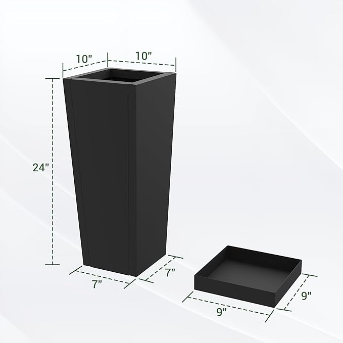 Tall Outdoor Planters Set of 2, 24 inch Tall Planters for Outdoor and Indoor, Metal Tapered Pots with Drainage Holes & Insert Shelves & Trays for Porch, Garden, Patio, Yard