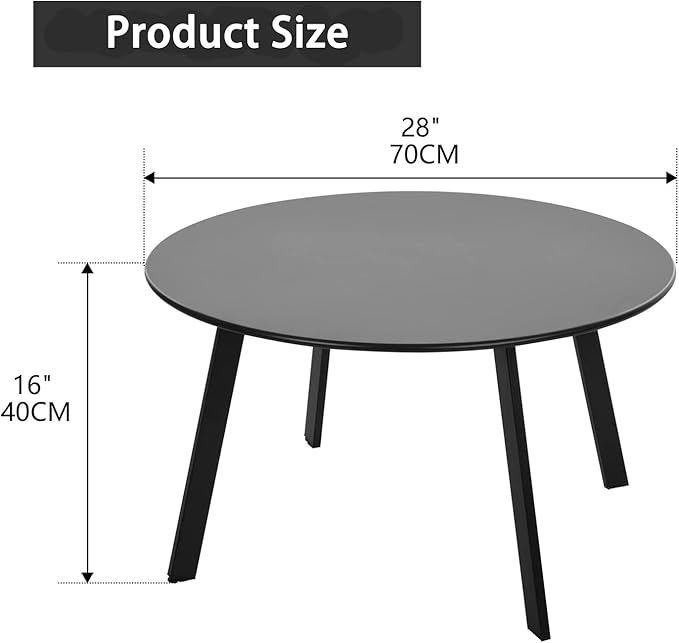 Patio Coffee Table - Metal Steel Outdoor Round Table Weather Resistant Anti-Rust Table (Black)