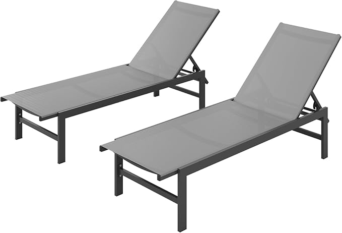 Outdoor Lounge Chairs Set of 2, Aluminum Patio Chaise Lounge Chairs with 5-Position Recliner, Pool Lounge Chairs for Backyard, Poolside, Deck, Lawn (Darkgray)