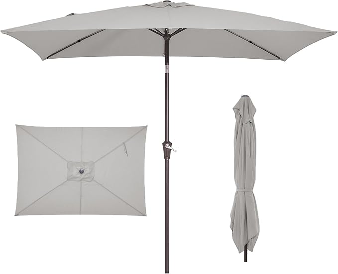 JEAREY 6.5x10 ft Rectangular Patio Umbrellas Rectangle Outdoor Umbrella with Push Button Tilt and Crank, Market Table Umbrella 6 Sturdy Ribs UV Protection for Poolside Garden Backyard Deck, Foggy Gray
