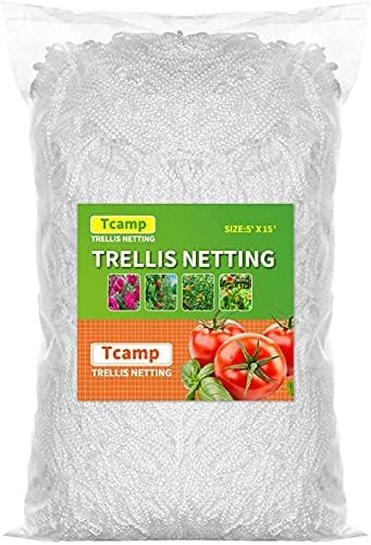 Tcamp Heavy-Duty Polyester Garden Trellis Netting Plant Climbing Net for Growing Vines Plants Vegetables Fruits Flowers, White Grow Tent (5Ft x15Ft, 3.5" Opening Mesh, 1 Pack)