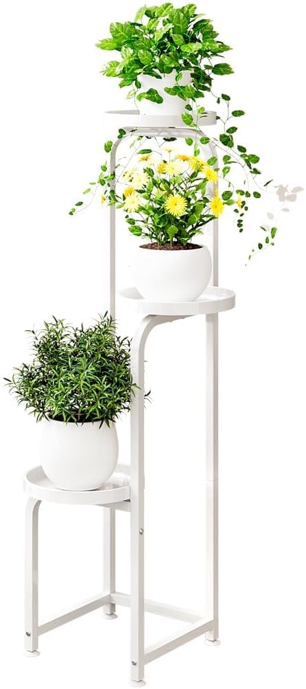 Plant Stand Indoor Outdoor 3 Tier Metal Plant Shelf for Multiple Plants Corner Flower Holders for Living Room Balcony Bedroom Patio Garden, Black (White, 3-Tier)