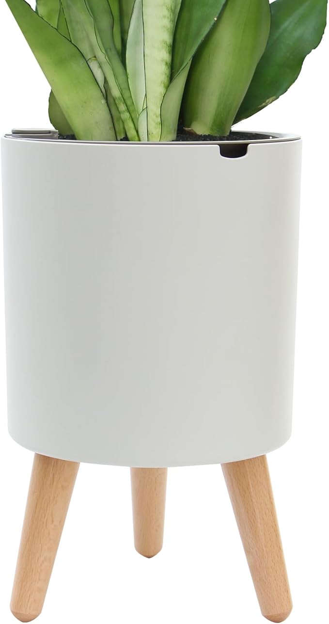 7.8 Inch Planter Pot with Solid Wood Legs, Self Watering Planter Pots with Water Shortage Alarm Planter Pot for Indoor Outdoor Modern Flower Planter for Home & Garden(White)