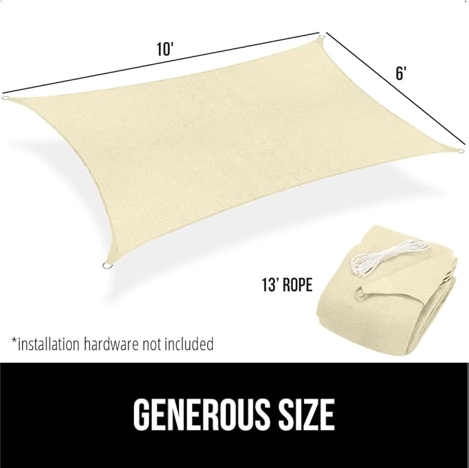GORILLA GRIP Heavy Duty Sun Shade, UV Protection Fade Tear and Rust Resistant Rectangle Sunshade Canopy, Curved Edges Blocks Sunlight, Breathable Sail, Outdoor Patio, Lawn Garden, 6x10 FT Butter Cream
