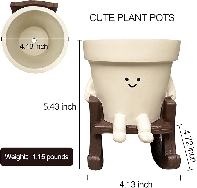 Smiley Face Planter Pot Small, Cute Resin Flower Head Planters for String of Pearls Plant Live Indoor Outdoor Unique Sit Rocking Chair Succulent Pots Gift Ideas for Family Friends with Drainage Hole