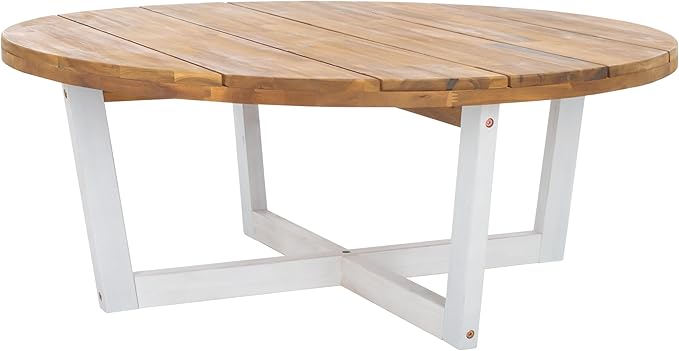 SAFAVIEH Outdoor Collection Leo Natural/White Solid Wood Round Coffee Table