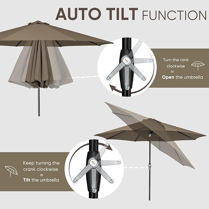 Tempera Patio Market Outdoor Table Umbrella with Auto Tilt and Crank, Large Sun Umbrella with Sturdy Pole & Fade Resistant Canopy, Easy to Set