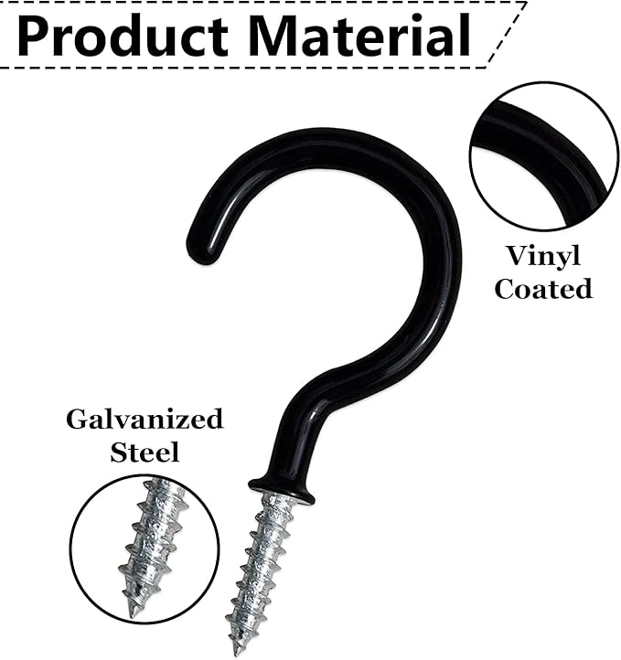 30 pcs Ceiling Hooks for Hanging Plants, Cups, Utensils and Lights - 1-1/4 inches Black Vinyl Coated Screw in Plant and Under Cabinet Cup Hooks for Wooden and Drywall with Anchors
