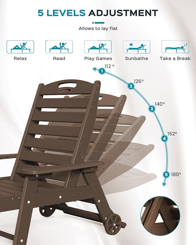 Ciokea Outdoor Chaise Lounge Chair Set of 2, Patio Lounge Chairs for Outside, HDPE Lounge Chairs with Wheels & Cup Holder, Poly Lounge Chair with 5 Position for Poolside, Deck, Dark Brown