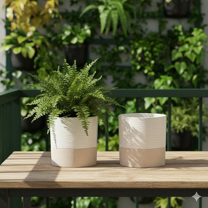 Nihow Self Watering Plant Pot for Indoor Plants: 4.5 Inch Ceramic Planter with Drainage Hole & Water Storage Plus - Cylinder Flower Pot with Wick for Herbs -White & Brown (Set of 2)