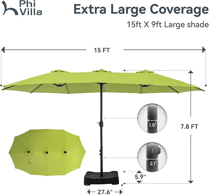 PHI VILLA 15ft Large Patio Umbrellas with Base, Outdoor Double-Sided Rectangle Market Umbrella for Pool Lawn Garden, Lime Green