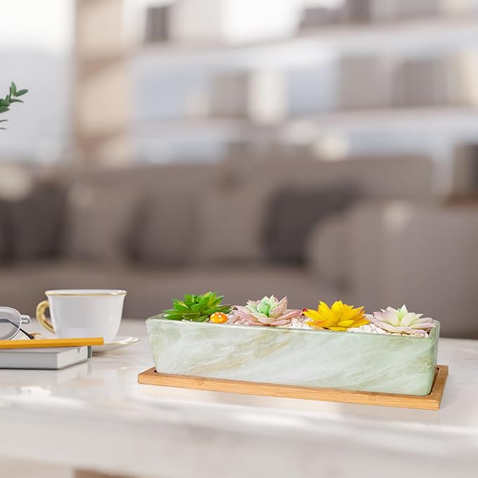 Succulent Pots - 12.1 Inch Large Succulent Pots with Drainage Tray, Window Sill Planter, Long Rectangle Ceramic Pots for Indoor Cactus/Succulent Plants Shallow Bonsai Window Box for Home Garden Decor