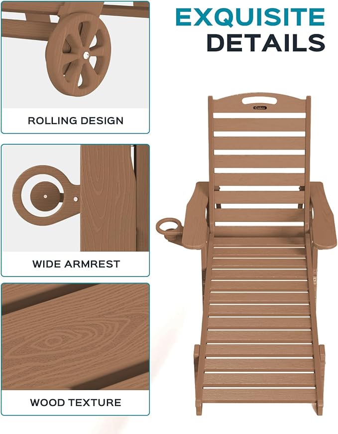 Ciokea Outdoor Lounge Chair Set of 4, All Weather Patio Chaise Lounge Chairs for Outside, HDPE Chair with Rolling Wheels & Cup Holder, 5 Position, Deck, Pool, Brown