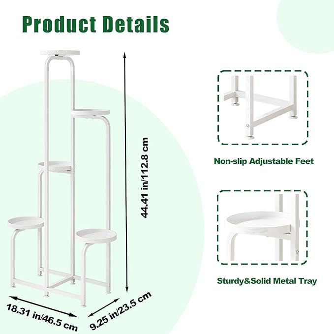 Plant Stand Indoor Outdoor 5 Tier Metal Plant Shelf for Multiple Plants Corner Flower Holders for Living Room Balcony Bedroom Patio Garden, Black (White, 5-Tier)