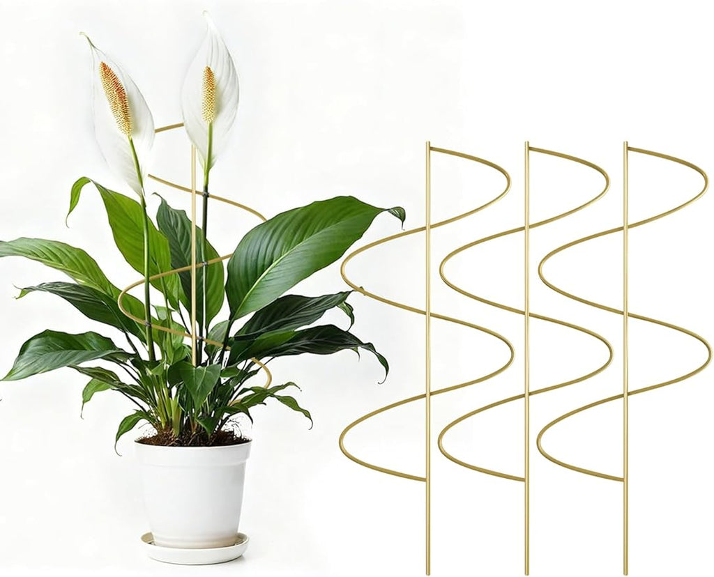 4 Pack Small Wavy Trellis for Potted Plants Indoor, 15 in Garden Trellises for Climbing Plants Outdoor, Single Stick Metal Climber Support Stakes for Vine Ivy Hoya Flower (Golden)