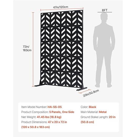 VEVOR Metal Privacy Screen, 47" W x 72" H, Outdoor Privacy Screens 5-Panel, Freestanding Outdoor Divider with Stand, Decorative Garden Steel Privacy Fence for Balcony Patio Indoor Room Black
