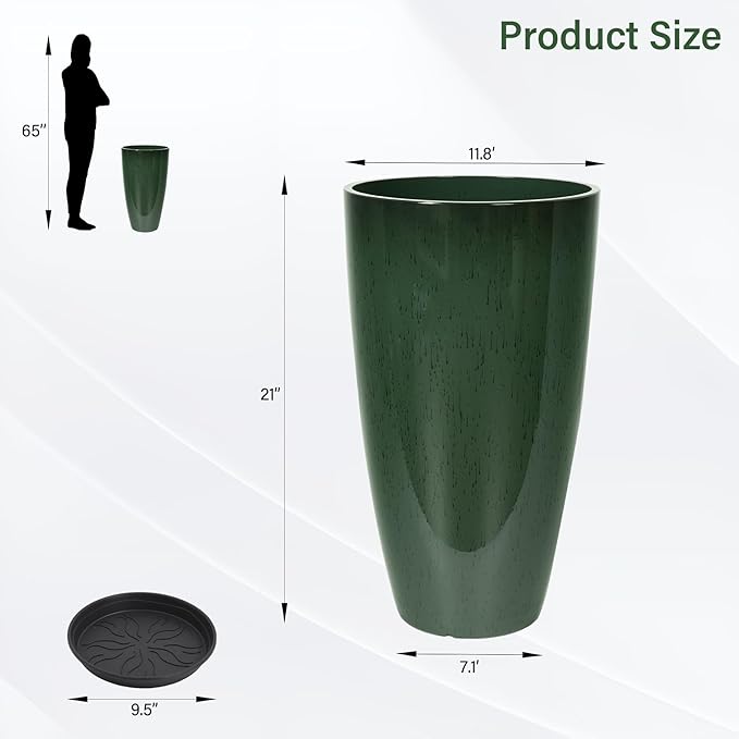 Set of 2 Lightweight Ceramic-Look Tall Planter, 21 inch Large Plastic Planter with Drain Hole & Saucers, Large Outdoor Planters for Porch, Garden, Patio, Balcony(Dark Green)