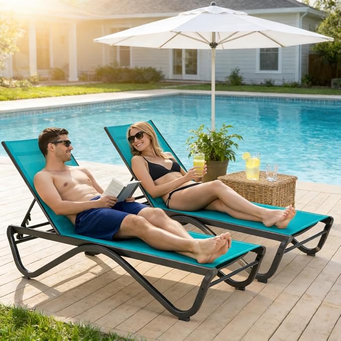 Kozyard Outdoor Chaise Lounge Chair, Full Aluminum Frame, Adjustable Reclining Patio Lounger for Poolside, Sunbathing & Backyard, Textilene (Aqua, 2Chairs + Table)