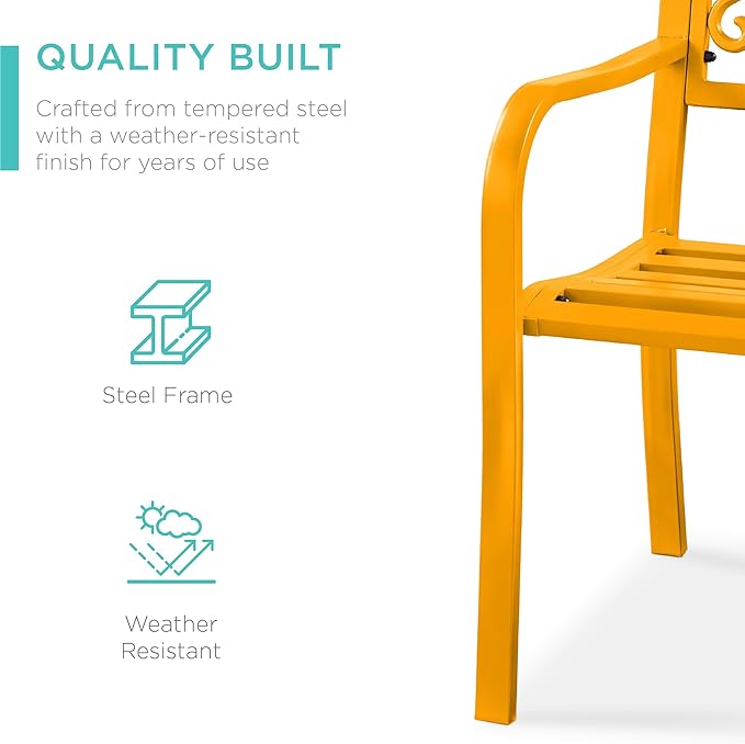 Best Choice Products Outdoor Bench Steel Garden Patio Porch Furniture for Lawn, Park, Deck w/Floral Design Backrest, Slatted Seat - Marigold