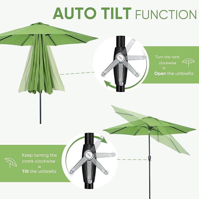 Tempera Patio Market Outdoor Table Umbrella with Auto Tilt and Crank, Large Sun Umbrella with Sturdy Pole & Fade Resistant Canopy, Easy to Set
