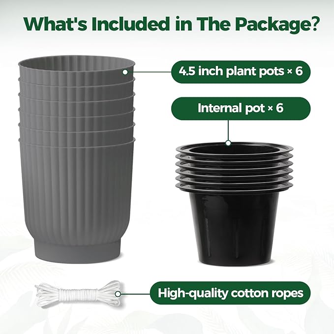 T4U 4.5 Inch Plant Pots Self Watering, 6 Pack African Violet Pots, Small Plant Pots for Plants, Small Indoor Plant Pot, Self Watering Planter for African Violet, Succulents (6 Pack 4.5" Pots, Gray)
