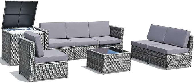 Tangkula 8 PCS Outdoor Patio Furniture Set, Rattan Wicker Sofa Set, Sectional Sofa Couch Conversation Set w/Storage Table and 12 Zippered Cushions for Garden Backyard Poolside (Grey)