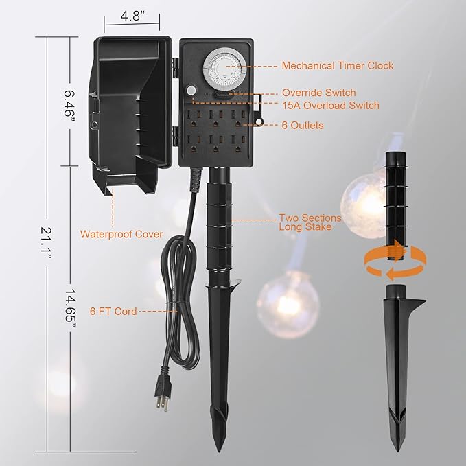 SURAIELEC Outdoor Power Stake, 24-Hour Mechanical Light Timer, Electrical Power Strip Weatherproof, 6FT Extension Cord Multiple Outlets Plug for Patio Lights, Halloween Decorations. Outdoor Light