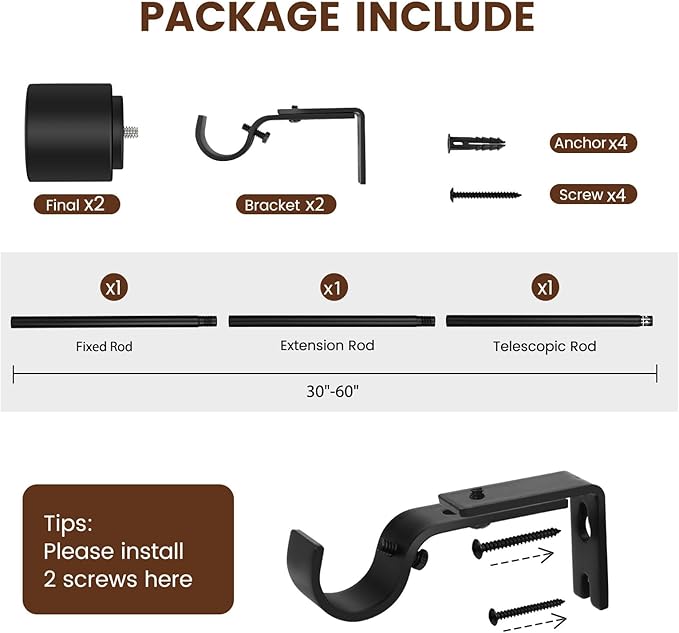 1' Diameter Matte Black Curtain Rod, 30-60 inch, Fits 30-54 Windows, Heavy Duty, Adjustable, Telescopic, Splicing Metal, Extra Long, for Windows & Sliding Glass Door