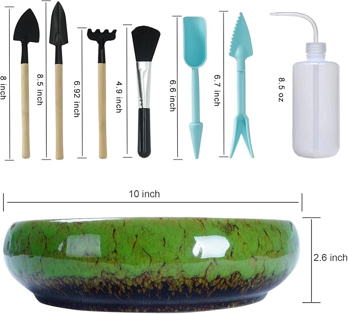 ARTKETTY Large Succulent Pots with Drainage 10 inch Succulent Planters with Planting Tools Set & 2.2lb Mix Pebbles - Ceramic Bonsai Pot for Indoor Succulent Plants Cactus Flower Planter