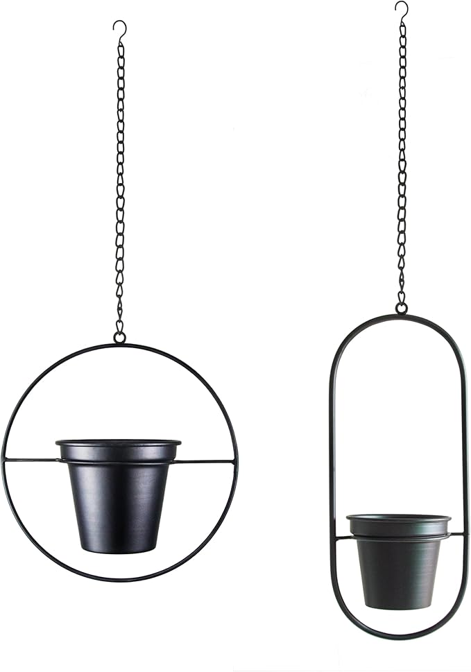Metal Hanging Planters, Modern Plant Hanger with 5 inch Flower Pot, Set of 2 Black Plant Holder in Oval and Round Shape, Small Wall and Ceiling Planter for Indoor Plants, Home Décor